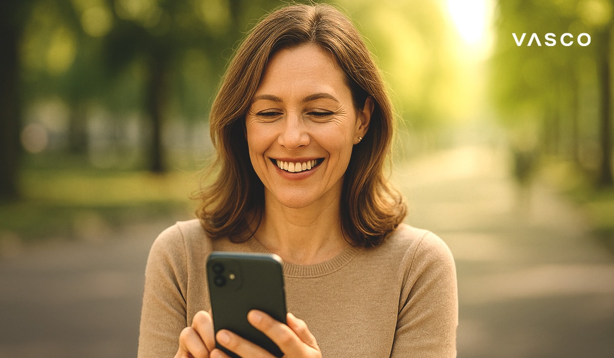 Nasmiješena žena gleda u svoj telefon dok stoji na stazi obrubljenoj drvećem u parku.