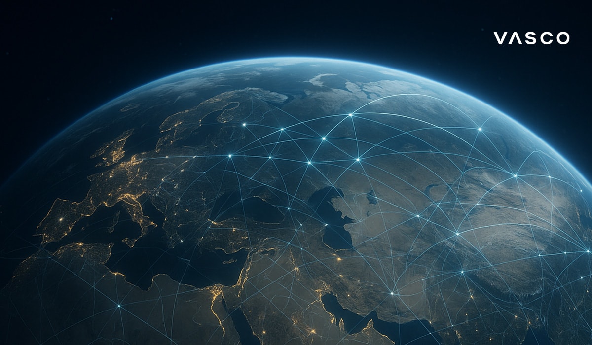 Globalni pogled na Zemlju s osvijetljenim mrežnim linijama koje simboliziraju svjetsku pokrivenost i povezanost Vasco Translatora.