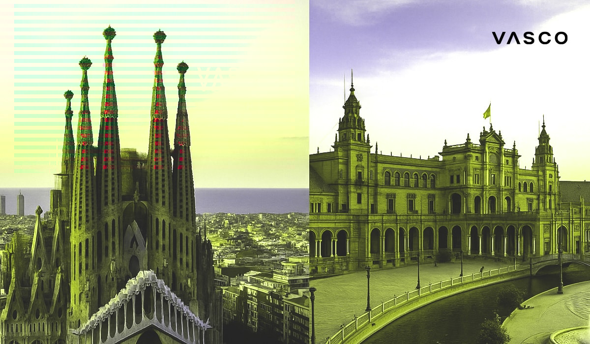 Podijeljena slika prikazuje barcelonsku Sagrada FamÃ­liju s lijeve strane i seviljski Plaza de EspaÃ±a s desne strane, istiÄuÄi arhitektonske kontraste izmeÄu Katalonije i Andaluzije.