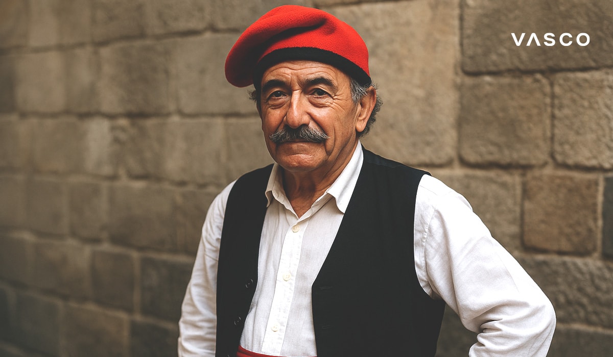 Portret starijeg muškarca u tradicionalnoj baskijskoj odjeći, uključujući crvenu beretku, koji stoji uz kameni zid.