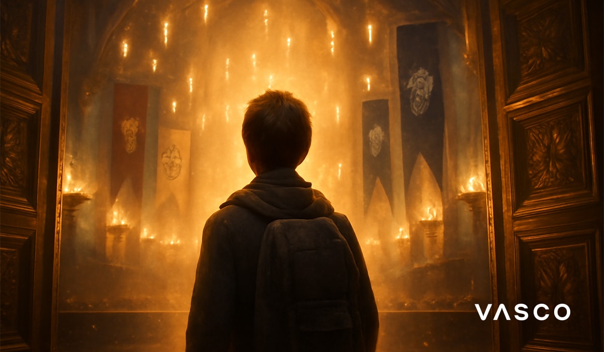 Harry Potter ispred dvorane u Hogwartsu s visećim zastavama kuća.