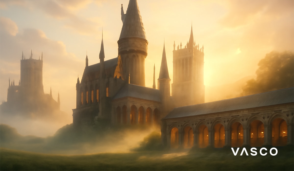 Pogled na dvorac Hogwarts s tornjevima i kamenim zidinama.