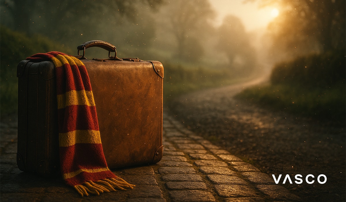 Kofer ukrašen Hogwarts šalom u kućnim bojama.