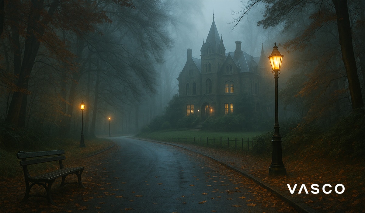 Maglovita staza koja vodi do stare gotičke kuće u jesenskoj šumi