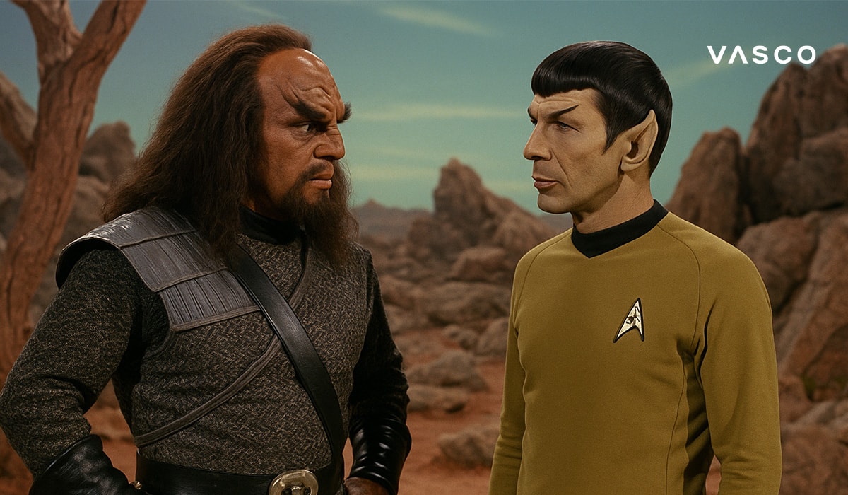 Dva časnika razgovaraju na stjenovitom planetu