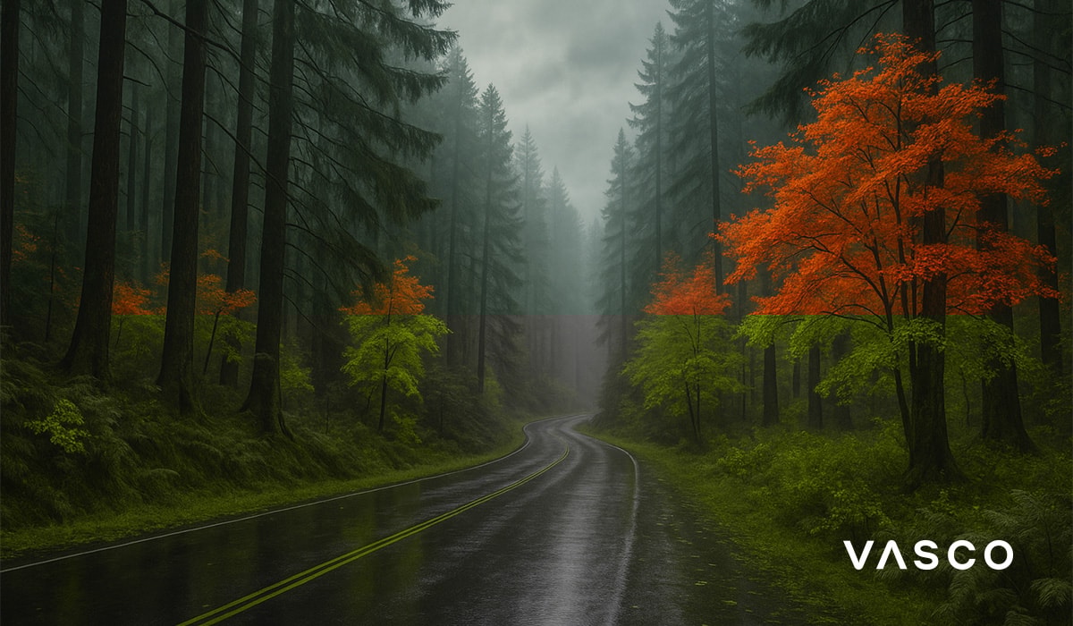 Maglovita šumska cesta s narančastim jesenskim drvećem i mokrim pločnikom