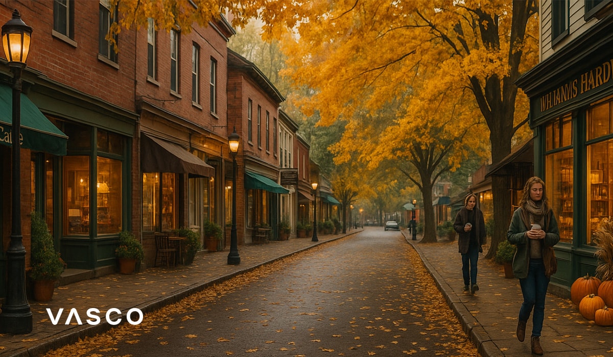 Mala, ugodna urbana ulica obrubljena trgovinama i zlatnim jesenskim drvećem