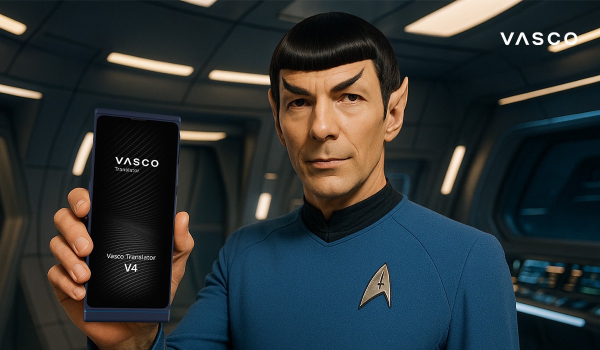 Časnik u plavoj uniformi drži Vasco Translator V4