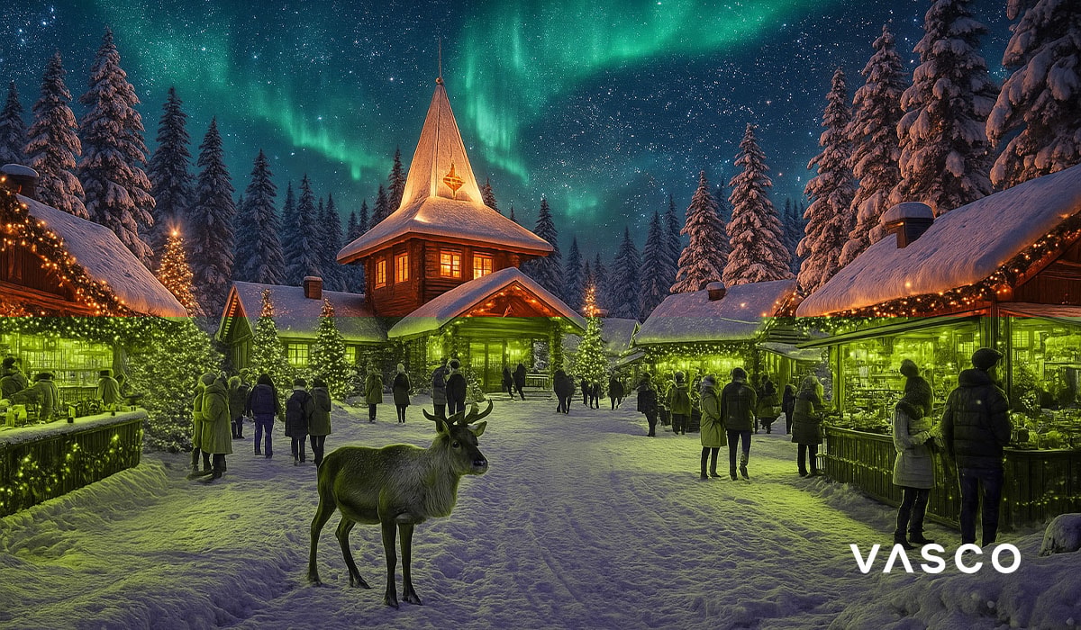 Finski božićni sajam s drvenim kolibama, sobovima i sjevernim svjetlima