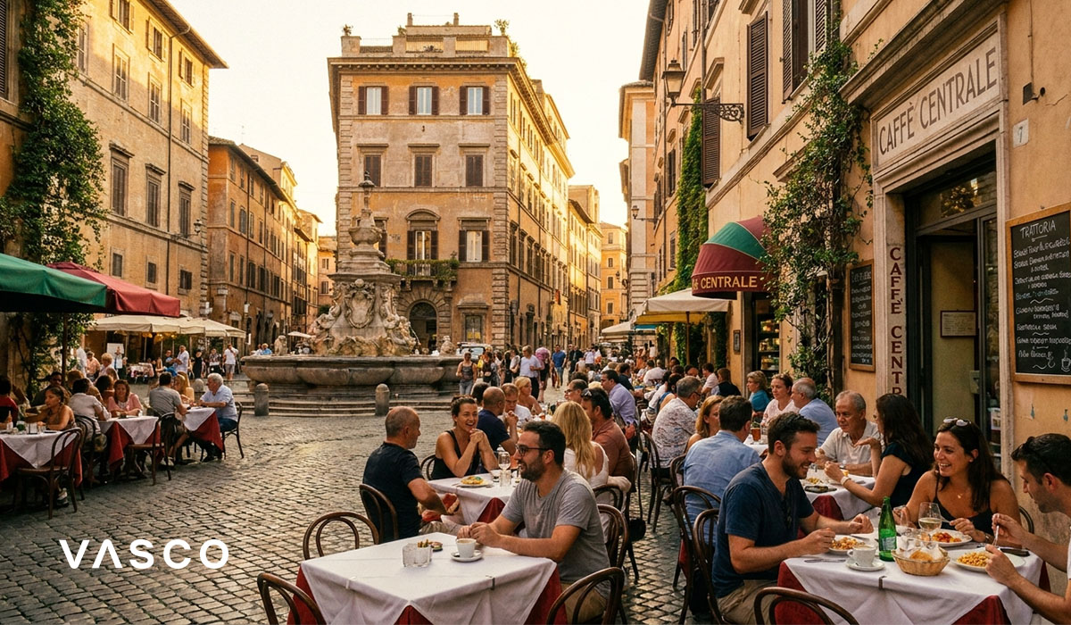 Povijesni trg u Rimu s terasama restorana i fontanom za sunčanog dana