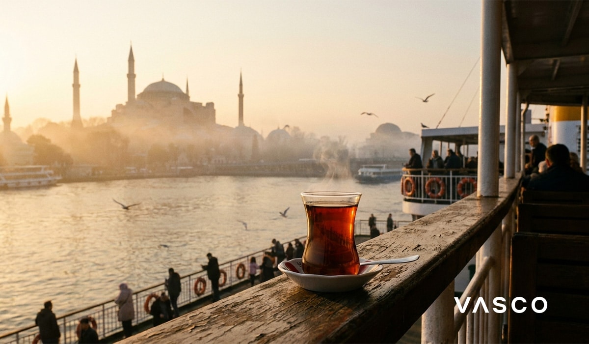 Čaša turskog čaja s pogledom na Aju Sofiju u Istanbulu pri izlasku sunca