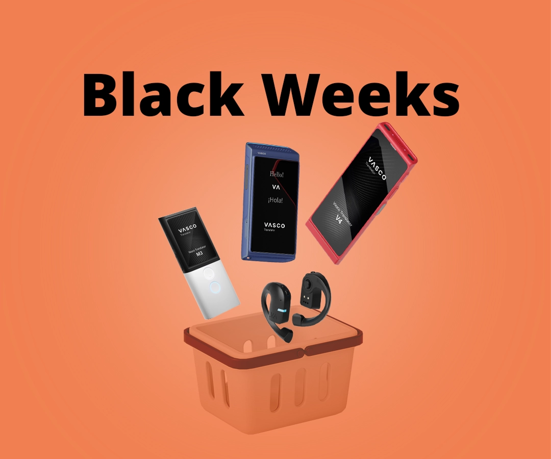 Vasco V4, Q1, M3 i E1 prevoditelji padaju u košaricu na narančastoj pozadini. U pozadini piše 