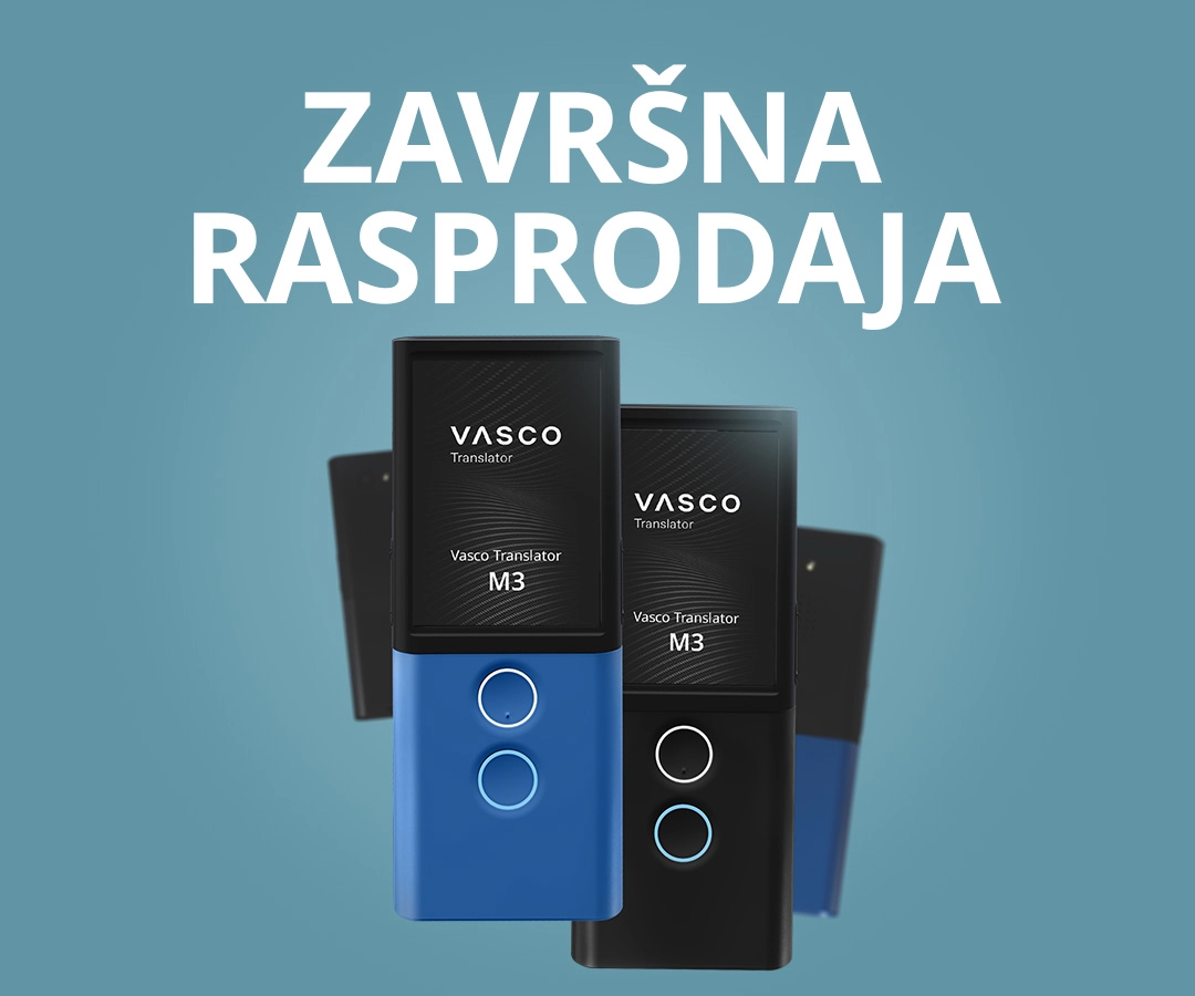 Promocijska slika Vasco Translator M3 uređaja u plavoj i crnoj boji na plavoj pozadini s natpisom KONAČNA RASPRODAJA