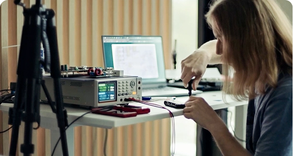A person with long blonde hair is focused on repairing or assembling a small electronic device at a white laboratory desk. They are using a precision tool on a component while seated next to a digital laboratory power supply with a glowing blue display. In the background, an open laptop shows technical diagrams or code, and a camera tripod is visible in the foreground on the left. The setting is a brightly lit workspace with modern, slatted wooden wall panels.  